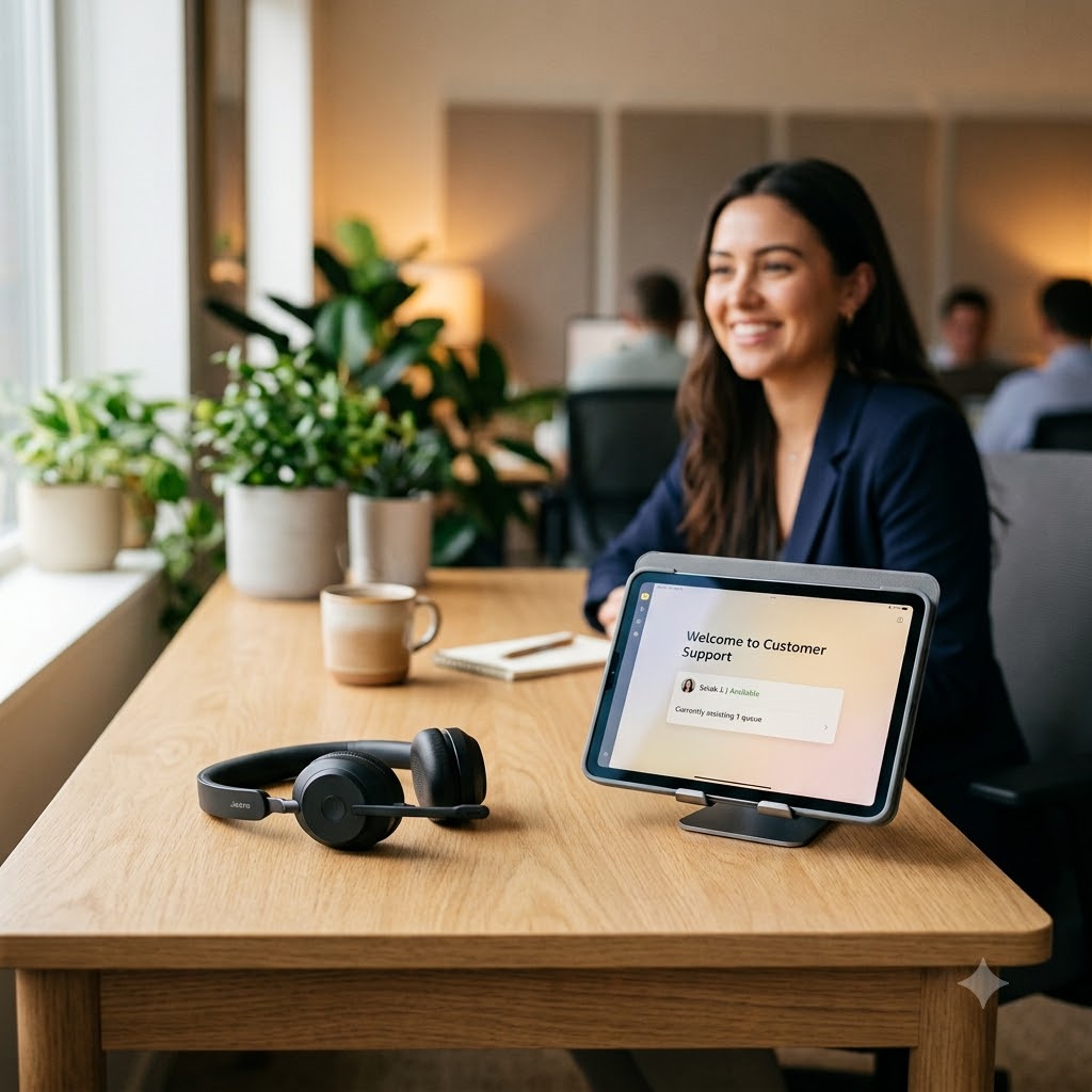 A customer support representative at a service desk, representing Nexkart's customer experience
