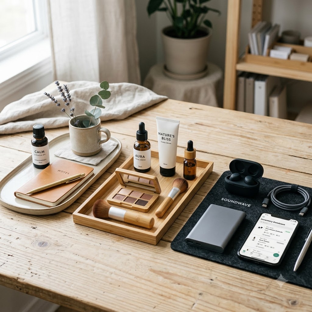 Products organised alongside an inventory tracking app, representing Nexkart's product management